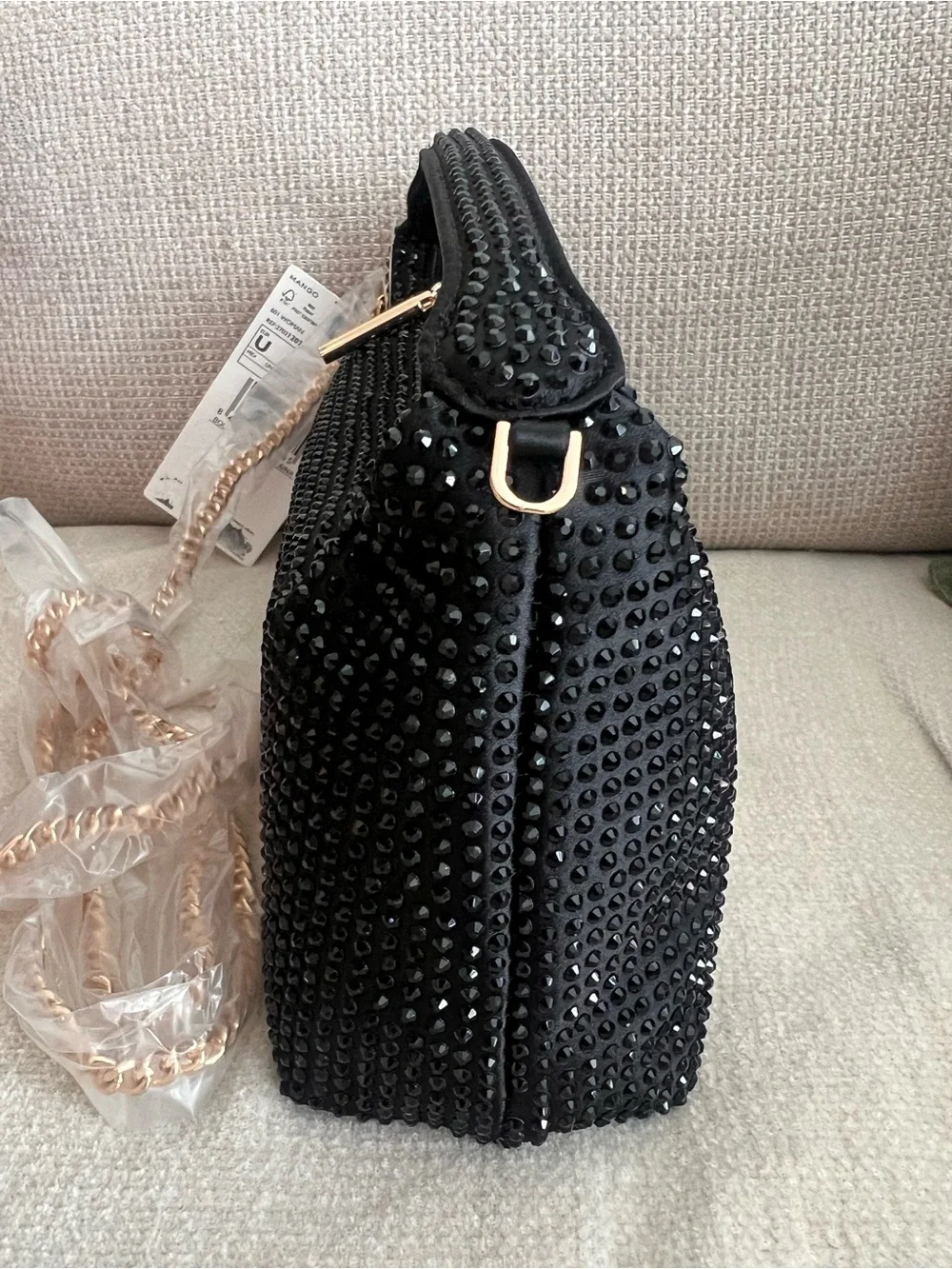 Black Crystal-Embellished Shoulder Bag with Gold Chain
